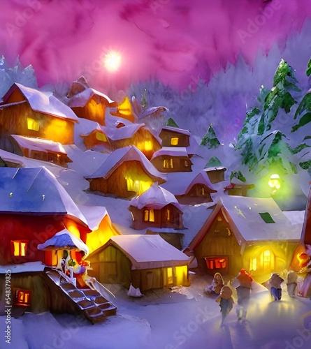 The sun is shining brightly over the red and white striped buildings of Santa Claus village. In the center of the village is a tall, imposing statue of Santa Claus himself. surrounded by happy childre