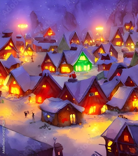 In the photo, there is a town made up of gingerbread houses with snow on the ground. Santa Claus and his elves are busy preparing for Christmas Eve when they will deliver presents to children around t