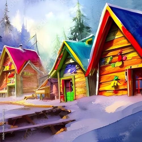 In the center of the village is a large white chapel with tall spires. All around it are small cabins made of logs, their roofs dusted with snow. In front of each cabin is a yard full of toys -
