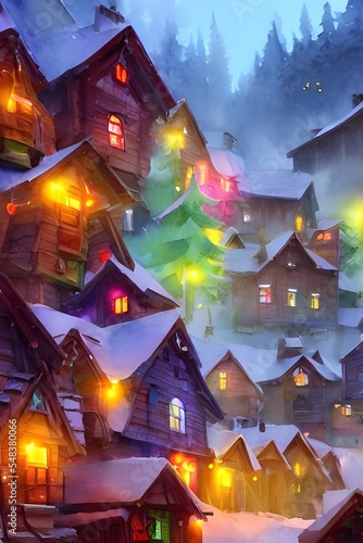 In the center of the picture is a large village made entirely out of gingerbread houses. There are candy canes for trees, lollipops for streetlights, and gumdrops for decorations on the roofs. Santa C