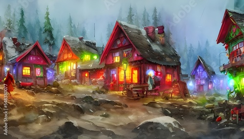 In the picture, there is a village with several houses and shops. The streets are covered in snow and there are Christmas trees everywhere. Santa Claus is standing in the middle of the village, surrou