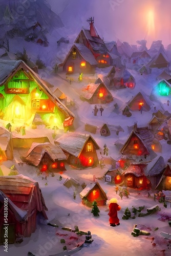 The sun is shining and the snow is glistening. The houses in Santa Claus village are all different colours, but they all have smoke coming out of their chimneys. There are elves running around everywh