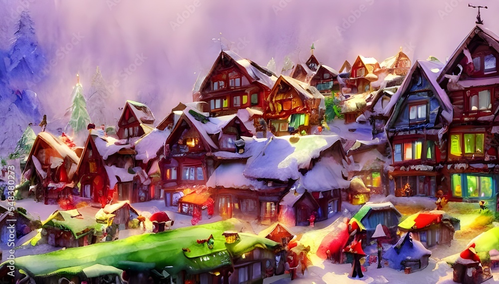 In the photo, there is a snow-covered village with brightly lit houses and a big Christmas tree in the center. There are people walking around wearing winter clothes and carrying shopping bags. In the