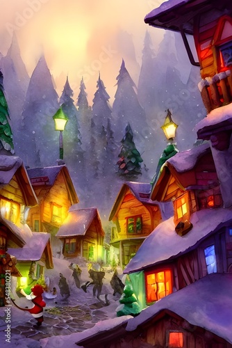 People are walking around in the snow, admiring the Christmas lights and decorations. The air is cold and crisp. Santa Claus is sitting in his workshop, surrounded by elves who are busy making toys. © dreamyart