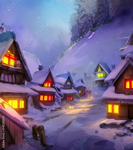 It's aSanta Claus village! All around are little gingerbread houses with pointy roofs and candy cane fences. There's even a big sleigh in the center of it all, ready to take Santa on his Christmas Eve © dreamyart