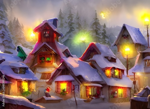 A group of children are eagerly running towards Santa Claus, who is standing in front of a large red and white North Pole sign. The village behind him is filled with log cabin style houses and Christm