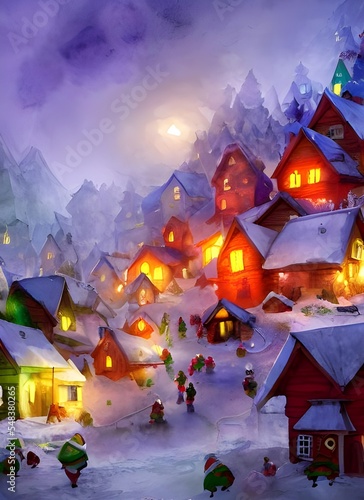 In the Santa Claus village, there are many gingerbread houses and Christmas lights. The snow is sparkling and there are children playing around. Santa Claus is waving at everyone from his sleigh.