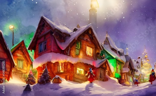 In the picture  there is a village with houses made of candy and gingerbread. The roofs are covered in snow and decorations. There is a large Christmas tree in the center of the village. Santa Claus i