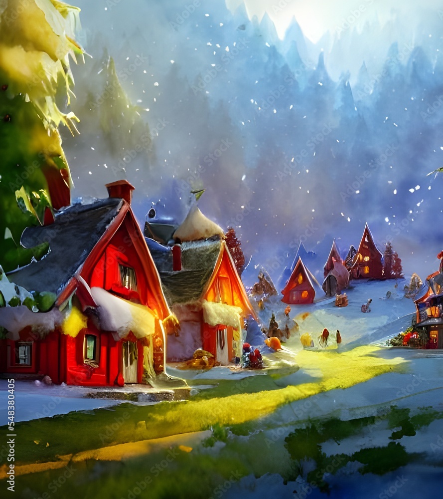 Obraz premium In the picture, there is a village with houses made of gingerbread and candy. The roofs are covered in snow and there are Christmas lights everywhere. Santa Claus is standing in the middle of the vill