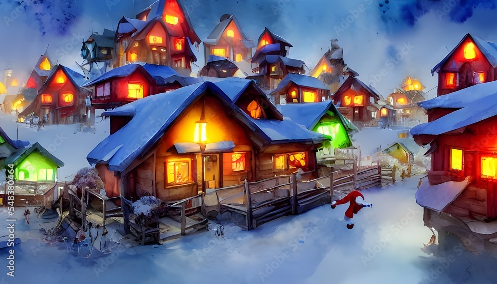 In the picture, there is a village with various Christmas-themed buildings and lights. The snow is freshly fallen, and in the distance, you can see Santa Claus's workshop.