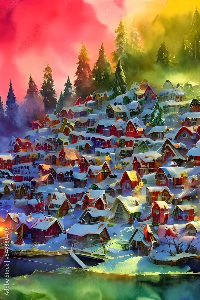 In the Santa Claus village, there are many small wooden houses. The roofs of the houses are covered in snow and there is a large Christmas tree in the center of the village. Around the tree, there are