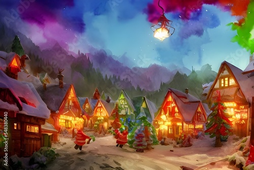 The sun is shining down on the red and white striped roofs of Santa Claus village. Tiny ELF helpers are busy at work in their workshop, making presents for all the good girls and boys around the world © dreamyart