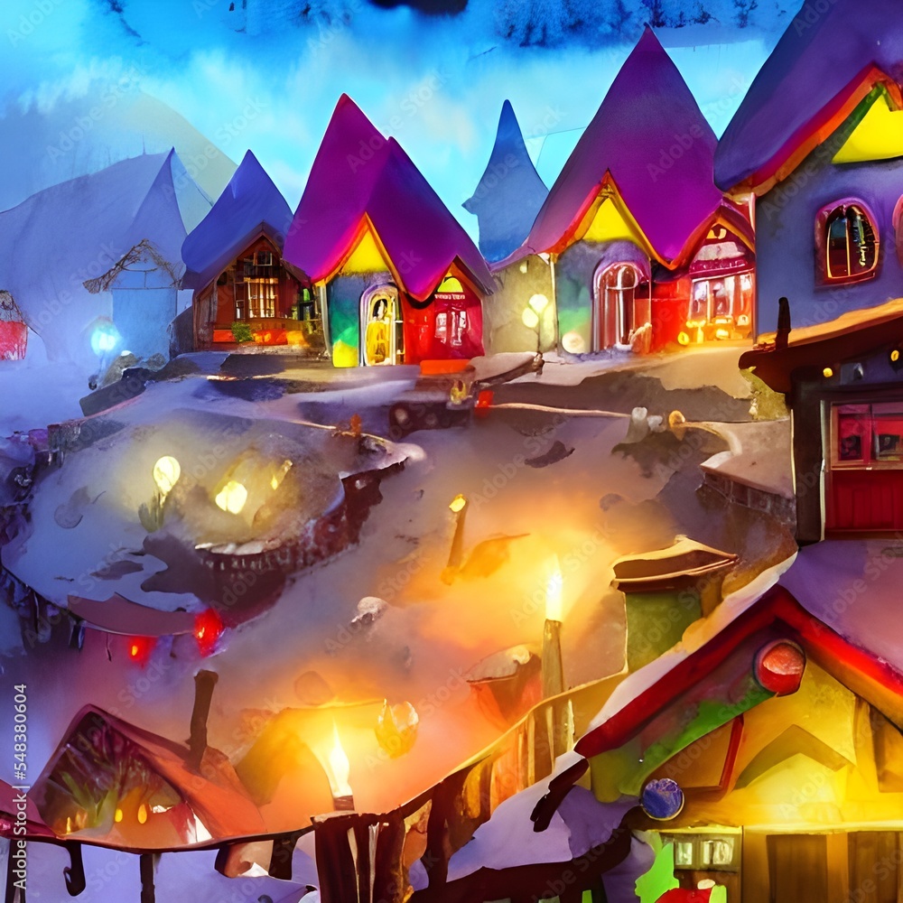 I see a charming village with gingerbread houses and candy canes everywhere. In the center of the village is a large Christmas tree, and Santa Claus himself is handing out presents to all the children