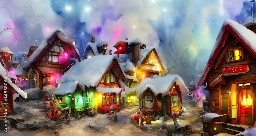 In the picture, there is a village with houses made of candy and gingerbread. The roofs are covered in snow and there are Christmas trees around the houses. Santa Claus is standing in front of one of 