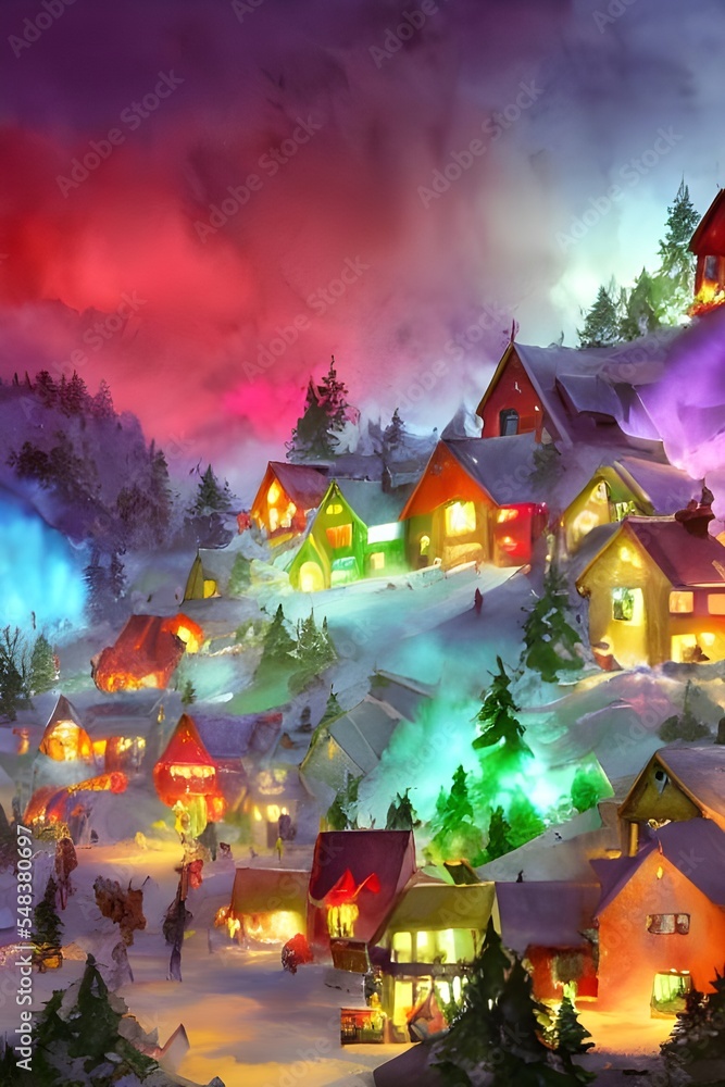 In the picture, Santa Claus village is a festive place full of cheer. The snow is freshly blanketed on the ground, and twinkling lights are strung up everywhere. happy people mill about in their thick