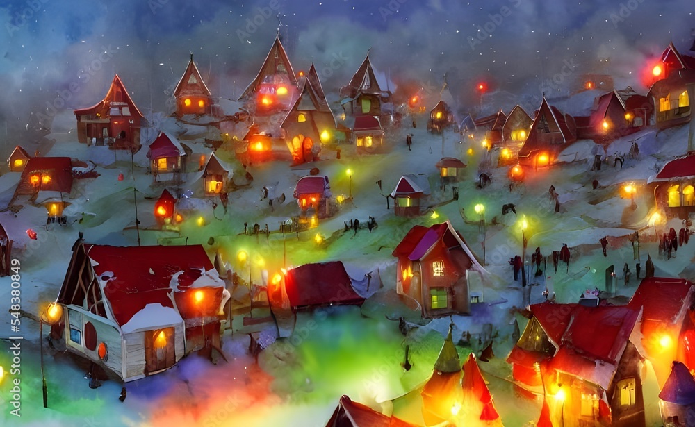 In the center of the village is a big red and white striped tent. Next to it is a giant Christmas tree, decorated with lights and ornaments. All around the village are little houses made out of candy 