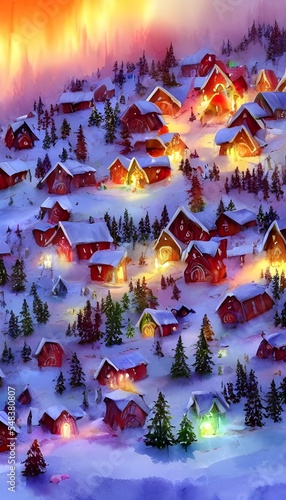 The village is painted in red and white, with large candy canes lining the streets. Santa Claus himself is waving at children from his sleigh, while elves run around delivering presents. Reindeer are 
