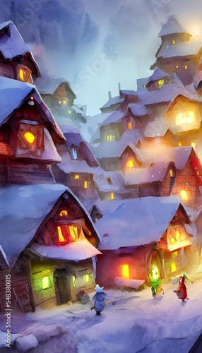 In the picture, there is a snowy village with houses made of gingerbread and candy canes. Santa Claus is in his workshop, making toys for all the good girls and boys. The elves are busy wrapping prese