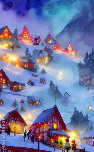 A busy village is bustling with people getting ready for Christmas. Santa and his elves are preparing the sleigh, while Mrs. Claus is in the bakery making cookies. The reindeer are eating their carrot © dreamyart