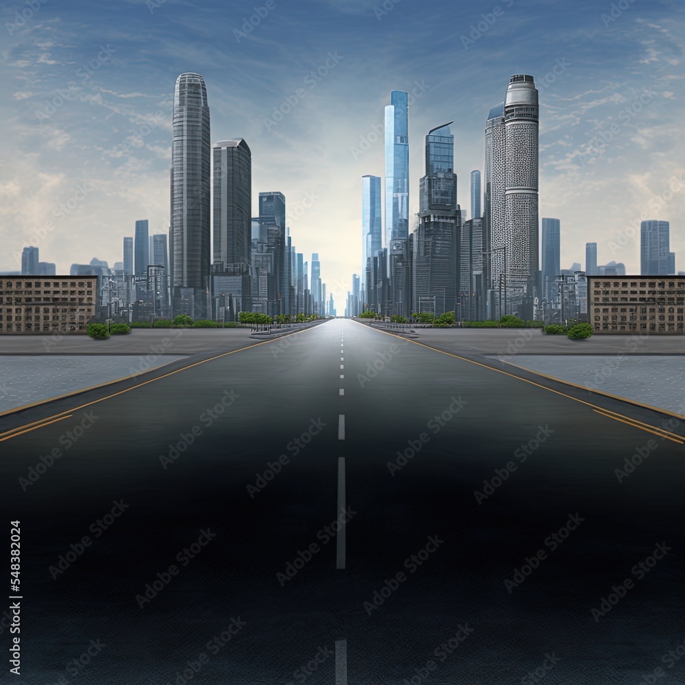 Empty Road Floor Surface With Modern City