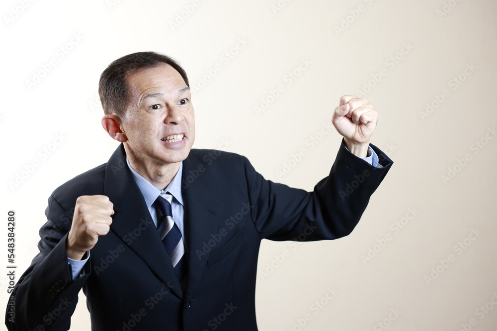 Middle-aged Japanese male businessman wearing navy blue suit on white background. Conceptual image of a project proposal, strategic business success and negotiation closing. Middle-aged Japanese male businessman wearing navy blue suit on white background. Conceptual image of a project proposal, strategic business success and negotiation closing.