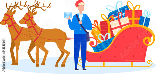 Christmas postman delivery on reindeer sleg carries with gifts to children vector illustration, isolated on white background. Merry Christmas Santa deer card