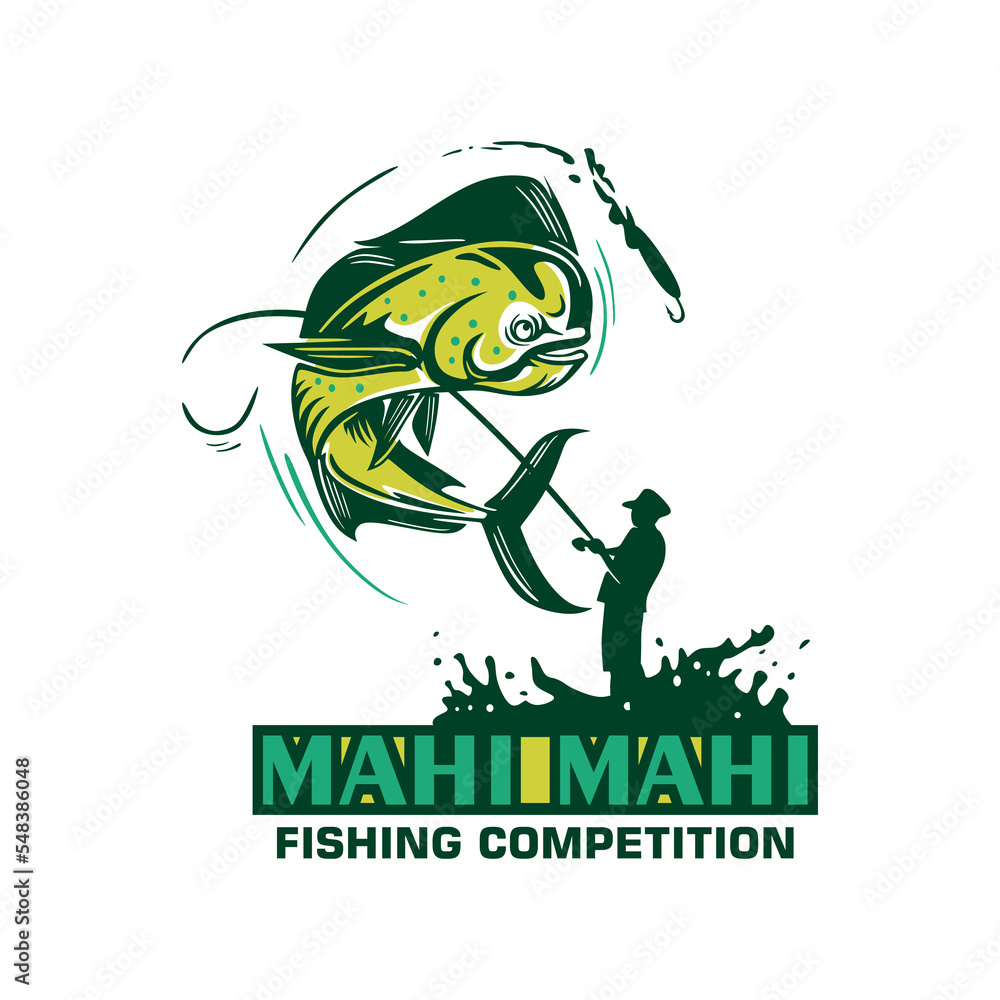 Obraz premium mahi mahi fishing competition banner logo, silhouette of great fisherman in actions vvector illustrations
