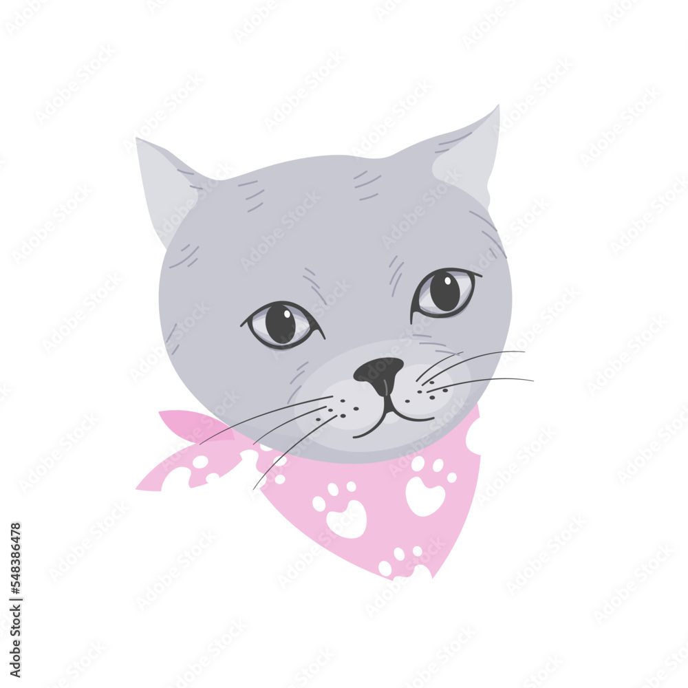 Cute cat with scarf isolated in flat vector.