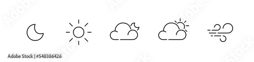 5 simple weather forecast icons. Moon, sun, partly cloudy at night and day, wind. Pixel perfect, editable stroke