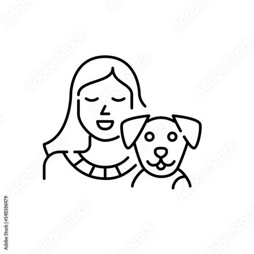 Smiling girl with her puppy. Pet friend. Pixel perfect, editable stroke line design
