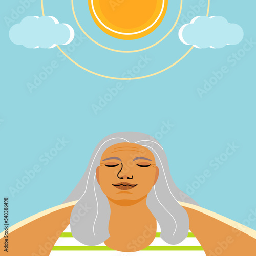 A senior female standing in the sunlight and clear sky, aging youthfully concept. flat vector illustration. photo