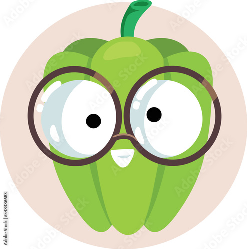 Happy Funny Bell Pepper Vector Cartoon Mascot. Green capsicum character smiling wearing eyeglasses 
