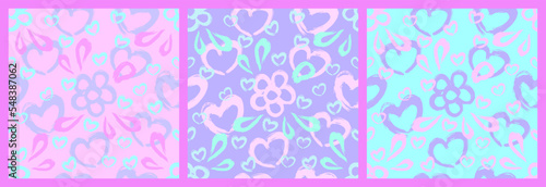 Seamless pattern with hand drawn hearts, flowers, leaves and pastel colors. Each pattern is isolated. Cute print for St. Valentines day, wrapping paper, cover and othe using. Vector illustration. Set. photo
