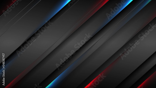 Abstract black stripes with blue red neon glowing light background