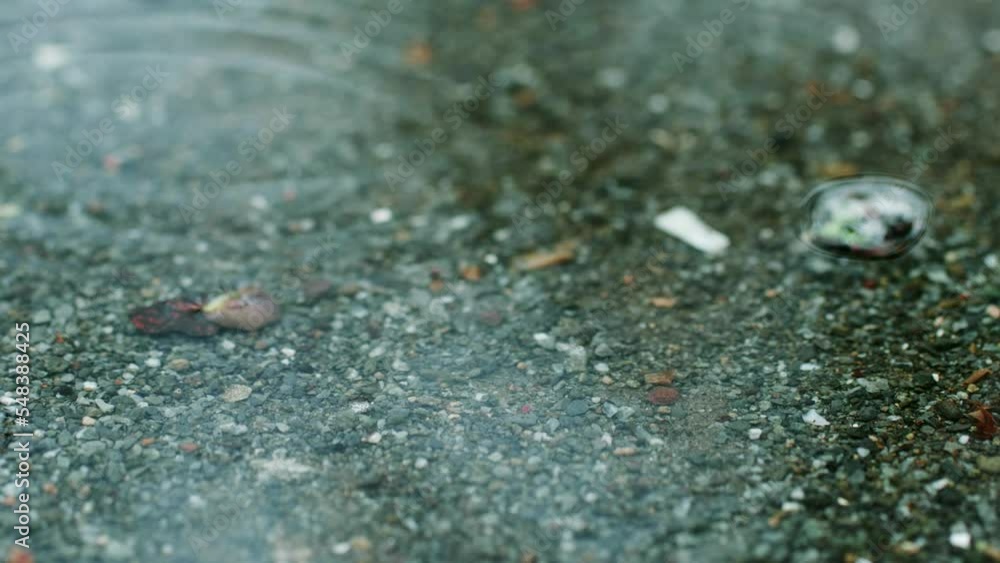 梅雨、公園の砂利の地面の水たまりに雨の水滴が落ちて波紋を残すスローモーション