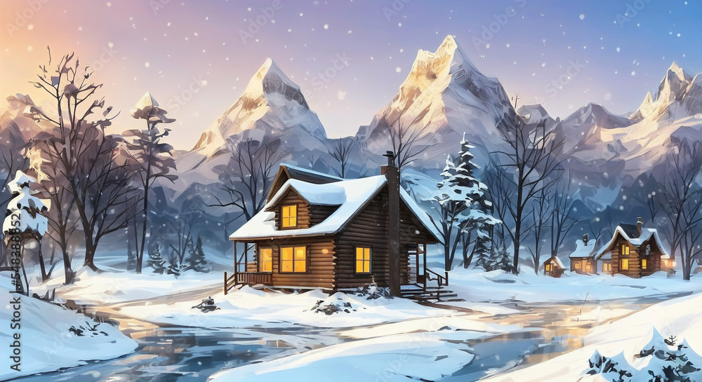 winter landscape with house and snow digital ilustration of house in winter  forest, a cosy cabin in the snow with warm lights from inside Stock  Illustration | Adobe Stock