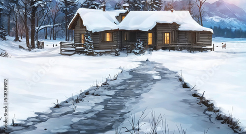 winter landscape with house and snow digital ilustration of house in winter forest, a cosy cabin in the snow with warm lights from inside