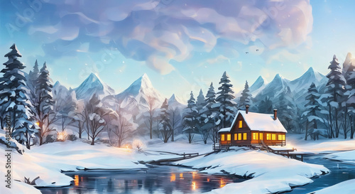 Billede på lærred winter landscape with house and snow digital ilustration of house in winter fore