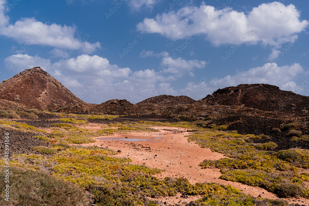 Volcanic hills, lime green grass and carmine colored desert surface around Lobos Island