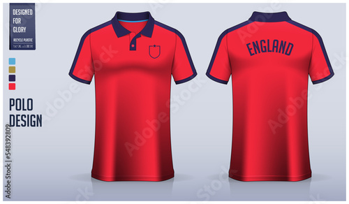 Red stripes polo shirt mockup template design for soccer jersey, football kit, golf, tennis, sportswear. England pattern.