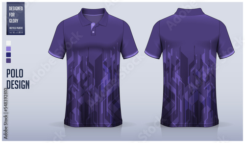 Violet polo shirt mockup template design for soccer jersey, football kit, golf, tennis, sportswear. Geomatic pattern.