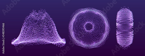 Collection of vector elements in futuristic sci-fi style. Grid design. Abstract form consisting of small particles. Objects with dots. Can be used for for science, medicine, education.