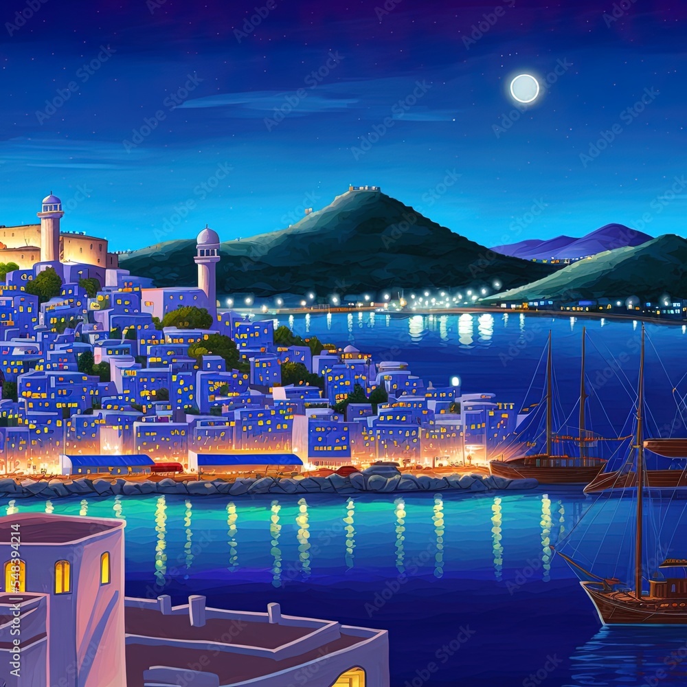 Night view to the bay and the cityscape of bodrum