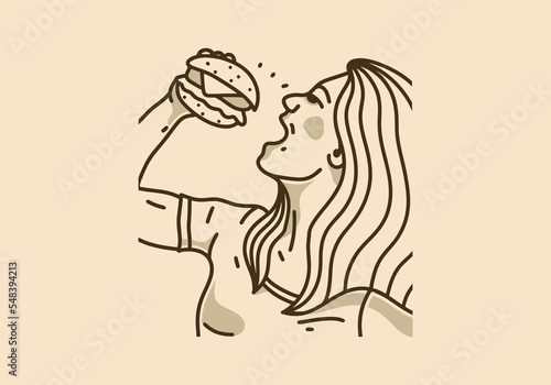Vintage illustration of woman eating burger