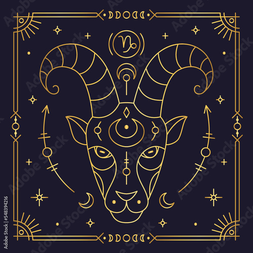 Capricorn zodiac astrological horoscope golden sign dark navy card. Stylized Goat symbol of esoteric, zodiacal astrological calendar, horoscope constellation thin line vector illustration