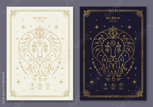 Leo zodiac horoscope golden signs on dark navy and white cards set. Stylized symbols of esoteric, zodiacal astrological calendar, horoscope constellation, cover design thin line vector illustration