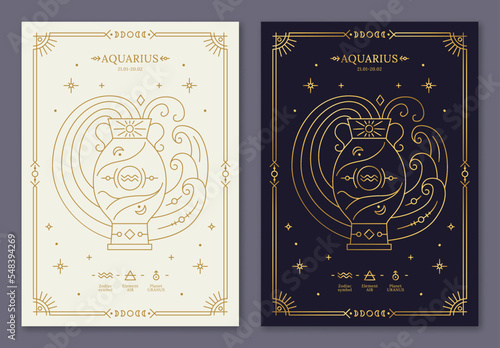 Aquarius zodiac horoscope golden signs on dark navy and white cards set. Water Bearer symbols of zodiacal astrological calendar, horoscope constellation, cover design thin line vector illustration