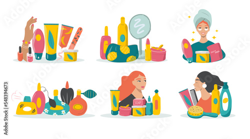 vector illustration in a flat style - a set of isolated scenes on the theme of cosmetics, beauty routine, hair care, nails, face and make-up