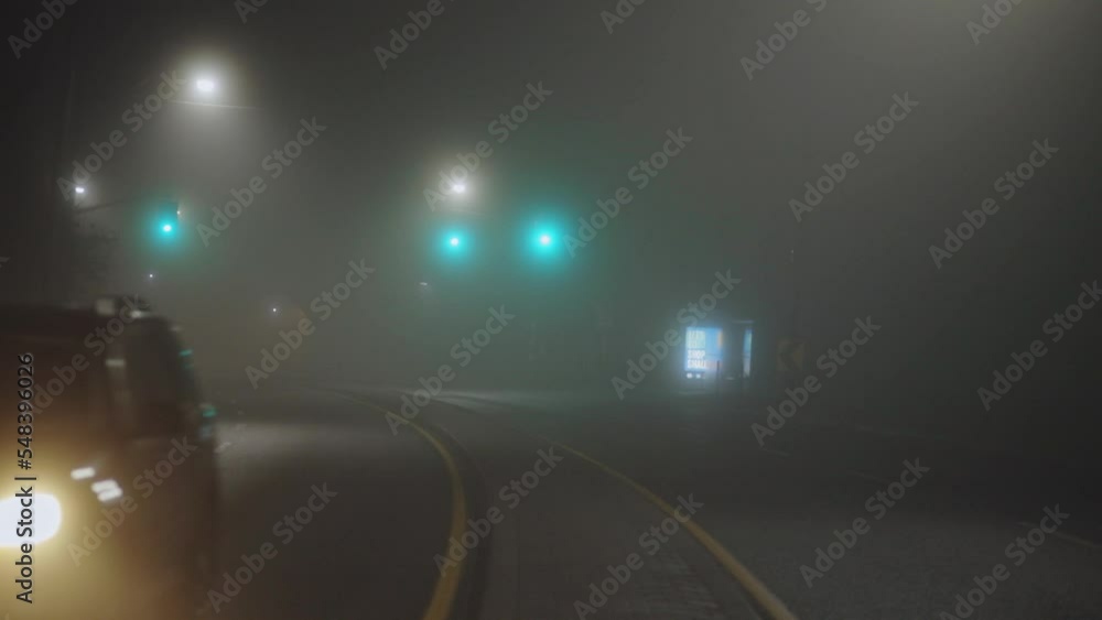Vehicle Driving At Night In Fog - wide Vehicle Driving At Night In Fog - wide