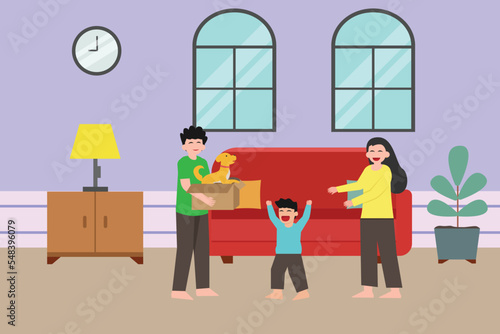 Happy little boy getting a puppy from his father